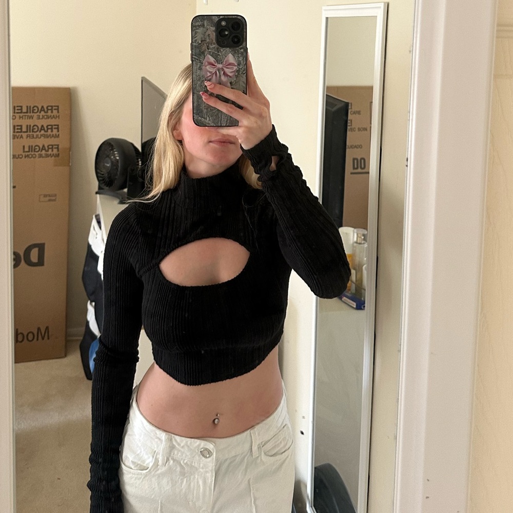 Long Sleeve Black Cut-Out Top